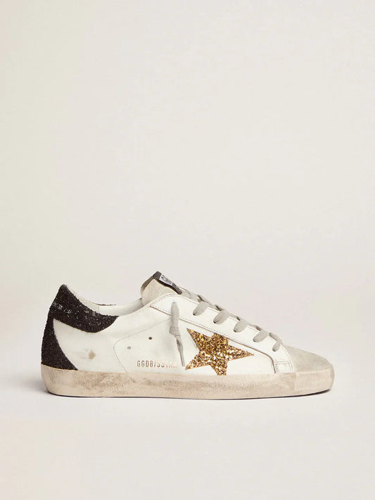 Super-Star femme en cuir nappa avec étoile à paillettes dorées et contrefort à paillettes noires